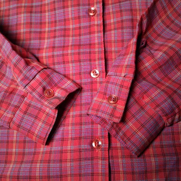 Vintage Dee Cee Blouse Women 10 Rust Blue Plaud Button Collared Modest Retro - Picture 10 of 12